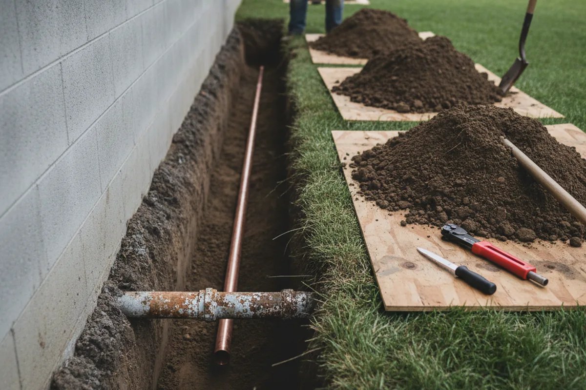 Excavated water line trench during Water Softener Installation in Gordonsville